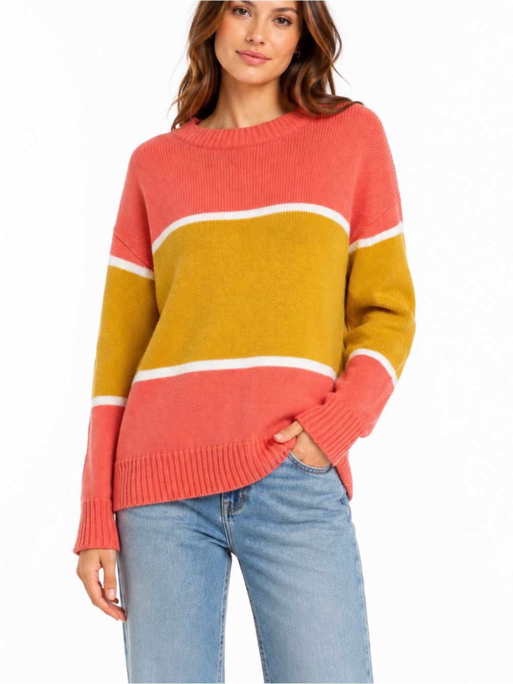 Callahan Oversized Coral and Mustard Colorblock Crewneck Knit Sweater